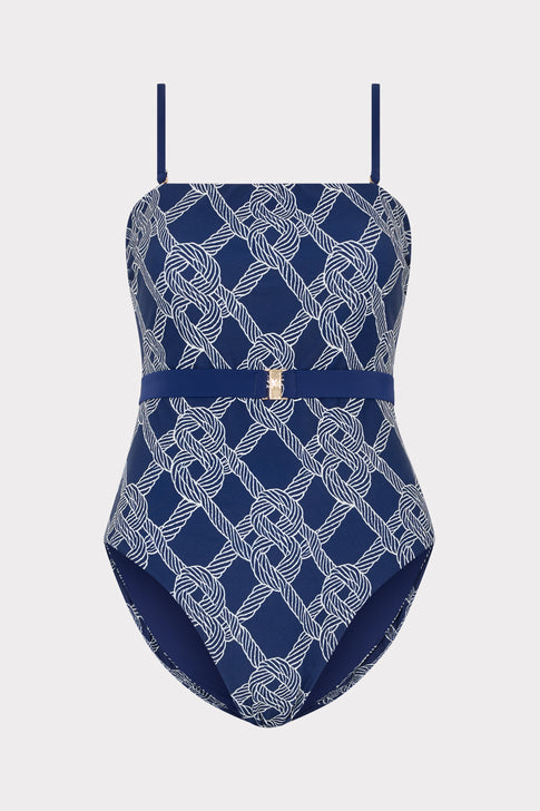 Navy Rope Print One Piece Swimsuit - Front View with Removable Straps | MILLY