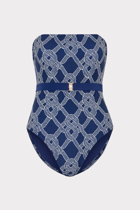 Navy Rope Print One Piece Swimsuit - Strapless Front View | MILLY