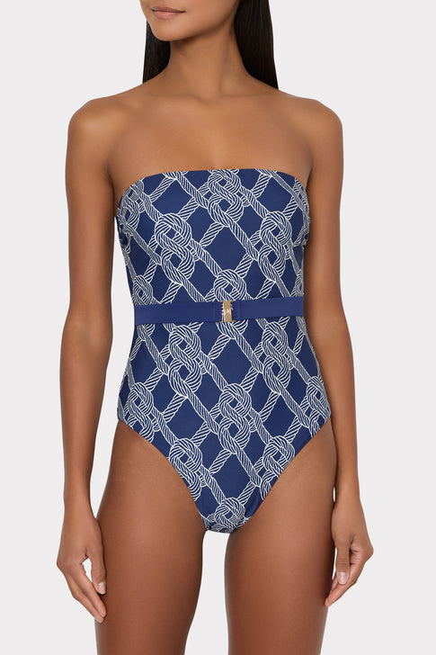 Navy Designer One Piece Swimsuit with Belt Detail - On Model | MILLY
