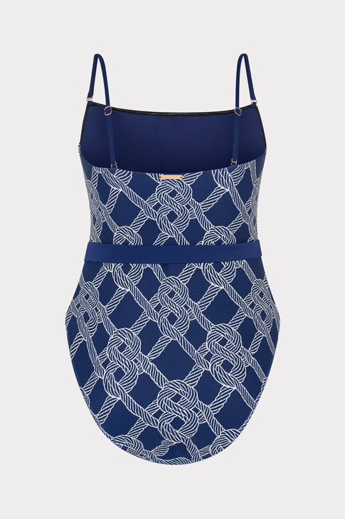 Navy Rope Print One Piece Swimsuit - Front View Flat Lay with Straps | MILLY