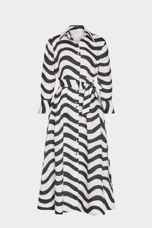 Navy White Wave Print Midi Dress - Ghost Front View | MILLY
