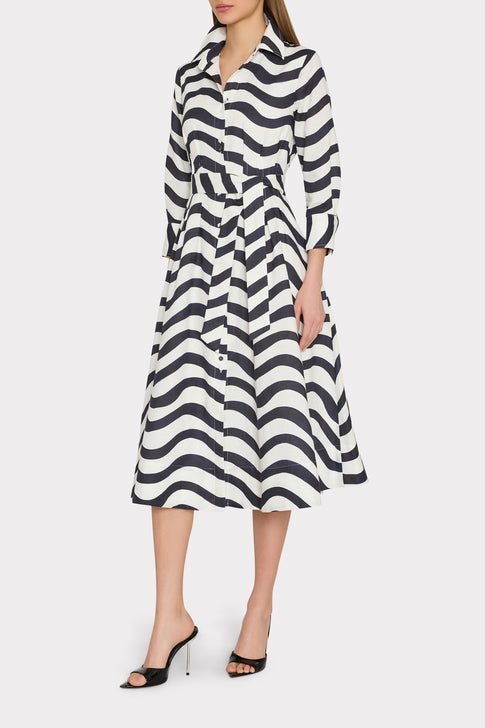 Navy White Lexi Printed Midi Dress - On Model Side View, Elegant Shirt Dress | MILLY