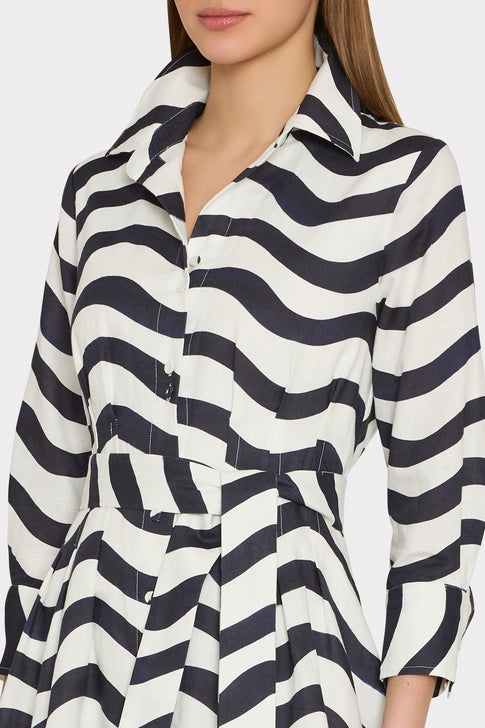 Navy White Wave Print Midi Dress - Collar & Button-Front Detail Close-Up | MILLY