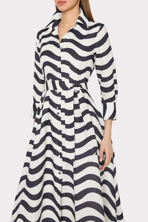 Navy White Lexi Printed Midi Dress - Self-Tie Belt & Full Skirt Detail | MILLY