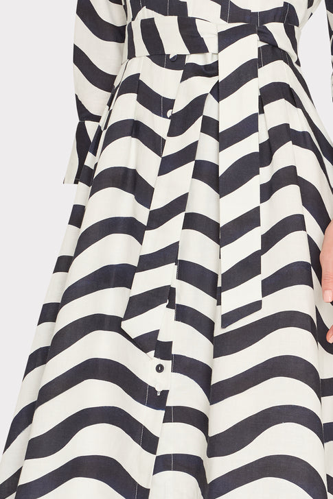 Navy White Wave Print Designer Midi Dress - Skirt Volume & Print Close-Up | MILLY