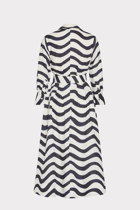 Navy White Lexi Printed Midi Dress - Ghost Back View, Unique Wave Print | MILLY