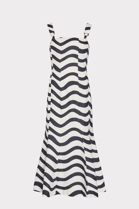 Navy White Wave Print Midi Dress - Ghost Front View | MILLY