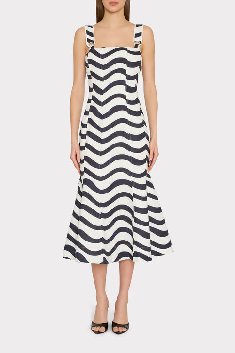 Navy White Liorah Printed Midi Dress - On Model Front View, Elegant Flared Skirt | MILLY