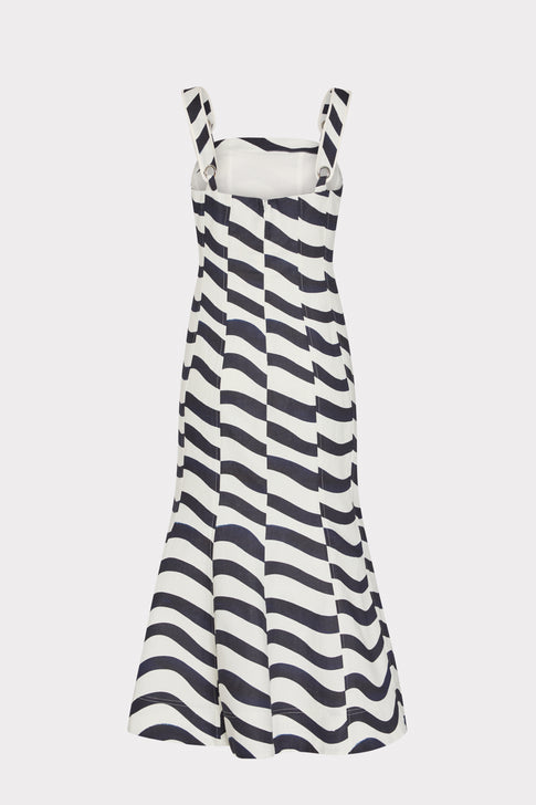 Navy White Liorah Designer Printed Midi Dress - Ghost Back View, Flared Skirt | MILLY