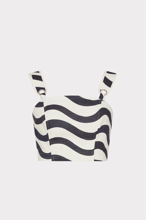 Navy White Wave Print Cropped Top - Front Flat Lay, Ring Hardware Detail | MILLY