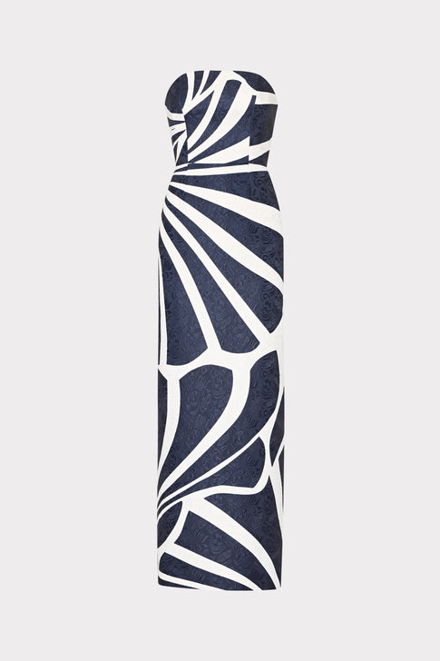 Navy Orion Jacquard Maxi Dress with white geometric pattern - Flat Lay | MILLY