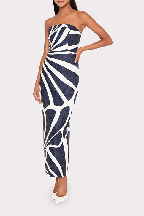 MILLY Orion strapless maxi dress with navy white geometric print - Full Length On Model | MILLY
