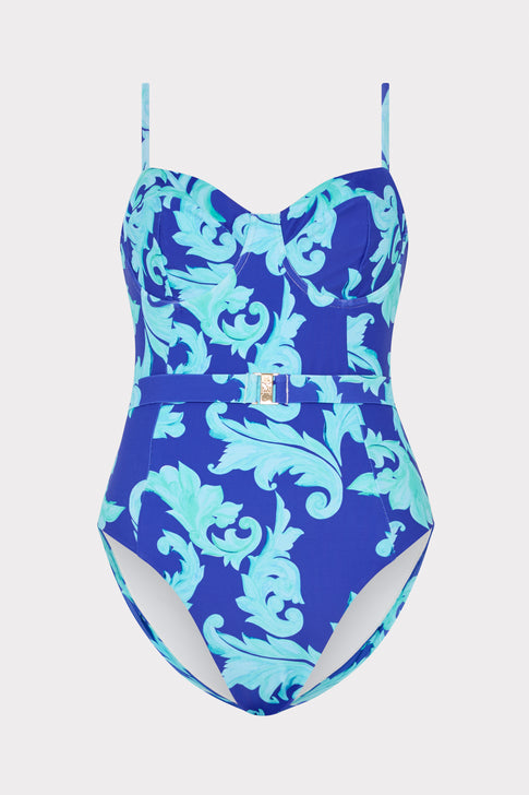 Blue Multi Canopee Belted One Piece - Front View with Belt Detail | MILLY