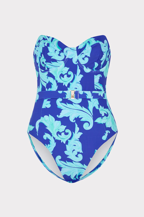 Blue Multi Canopee Belted One Piece - Strapless Front View | MILLY