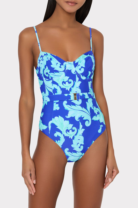 Blue Multi Designer One Piece Swimsuit - On Model Front View | MILLY