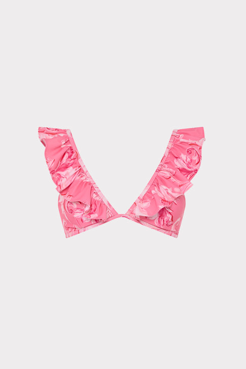 Pink Multi Canopee Ruffle Bikini Top with Floral Print - Flat Lay | MILLY