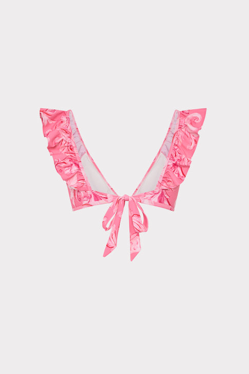 Pink Multi V-Neck Ruffle Bikini Top with Tie Closure - Detail View | MILLY
