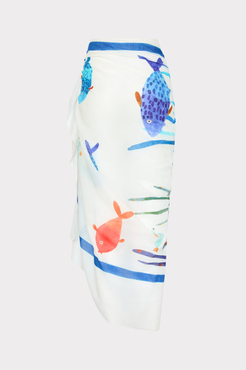 Blue Multi Under The Ocean Sarong - Fish Print Detail Flat Lay | MILLY