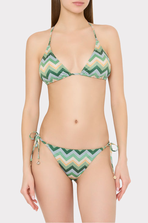 Model wearing green multi chevron designer bikini set - Front View | MILLY
