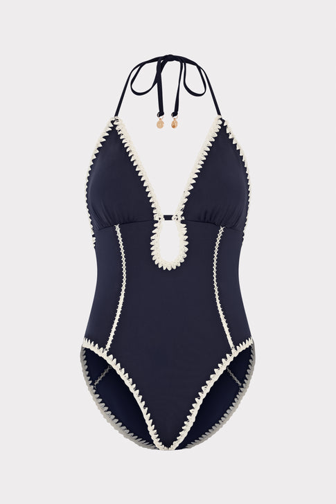 Cutout Crochet Trim One-Piece in Navy | MILLY