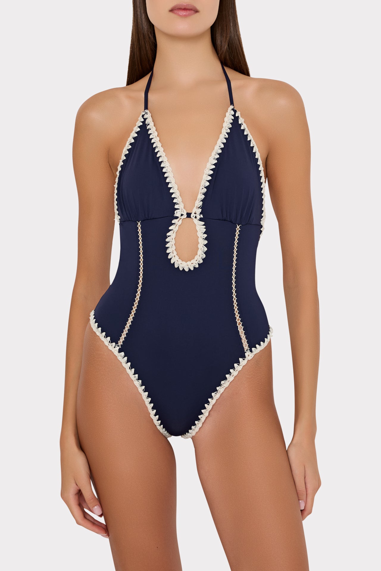 Cutout Crochet Trim One-Piece in Navy | MILLY