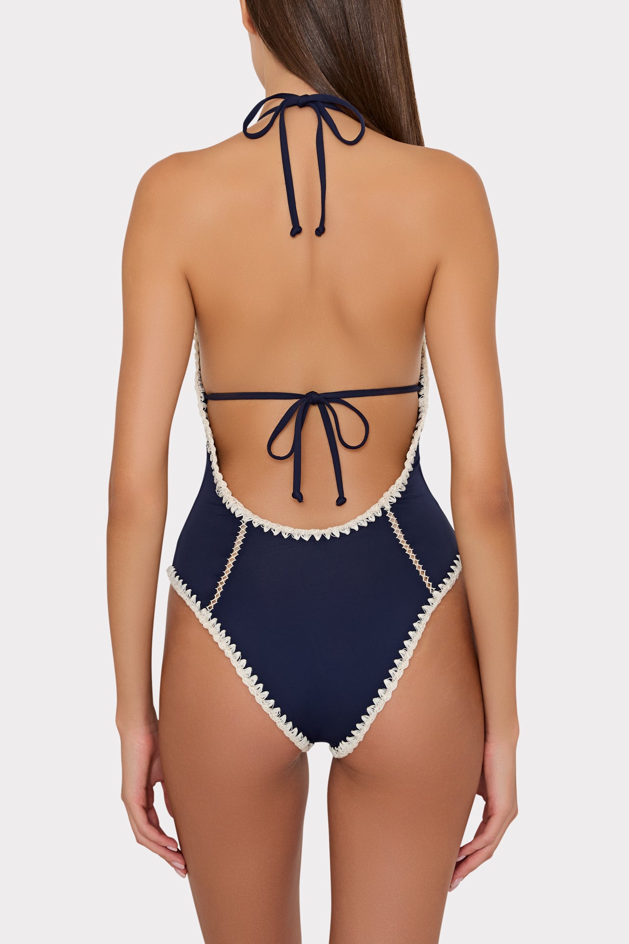 Cutout Crochet Trim One-Piece in Navy | MILLY