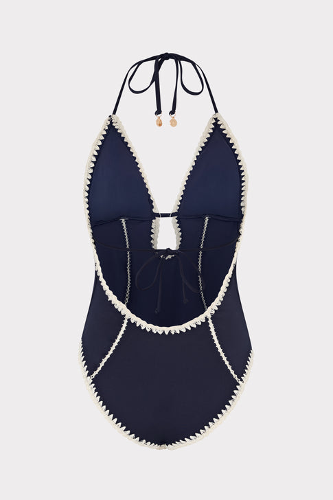 Cutout Crochet Trim One-Piece in Navy | MILLY