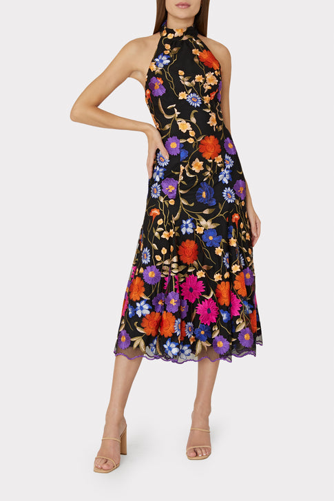 Penelope Fall Foliage Embroidery Dress in Black Multi - MILLY in Black ...