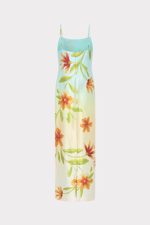Yellow Multi Lily Print Satin Maxi Dress - Back View | MILLY