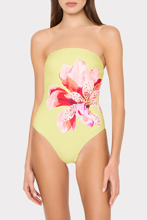 Yellow Strapless Floral One Piece Swimsuit - Front Model View | MILLY