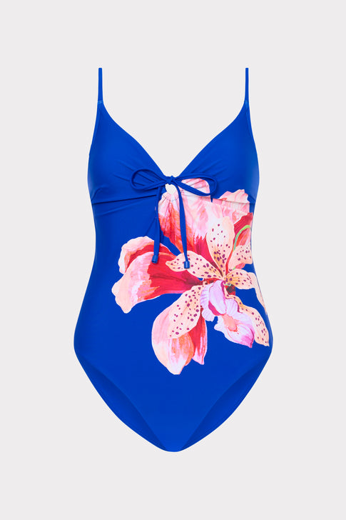 Blue Songe D'Iris One Piece with Pink Floral Print - Front Tie Detail | MILLY