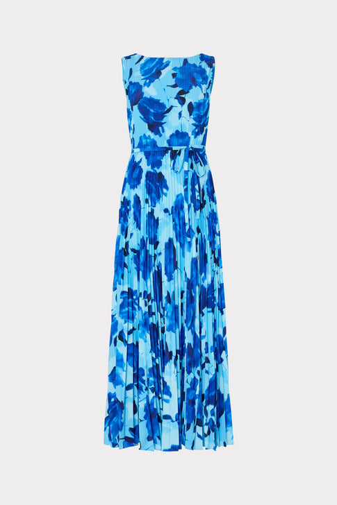 Jasmine Blurred Blossom Pleated Maxi Dress Blue Multi Image 1 of 4