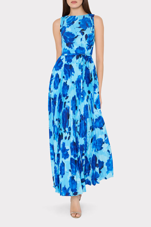 Jasmine Blurred Blossom Pleated Maxi Dress Blue Multi Image 2 of 4