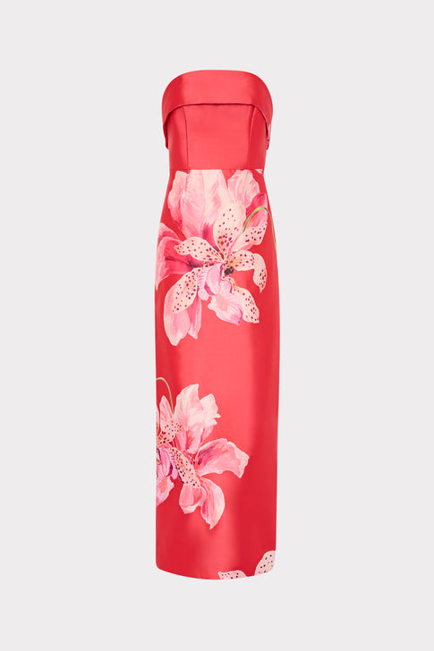 Lipstick Faille Strapless Maxi Dress with Pink Floral Print - Front View | MILLY