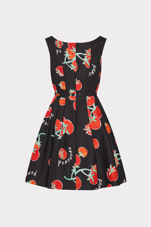 MILLY Peggy Black Mini Dress with Red Tomato Print - Back View Flat Lay | MILLY