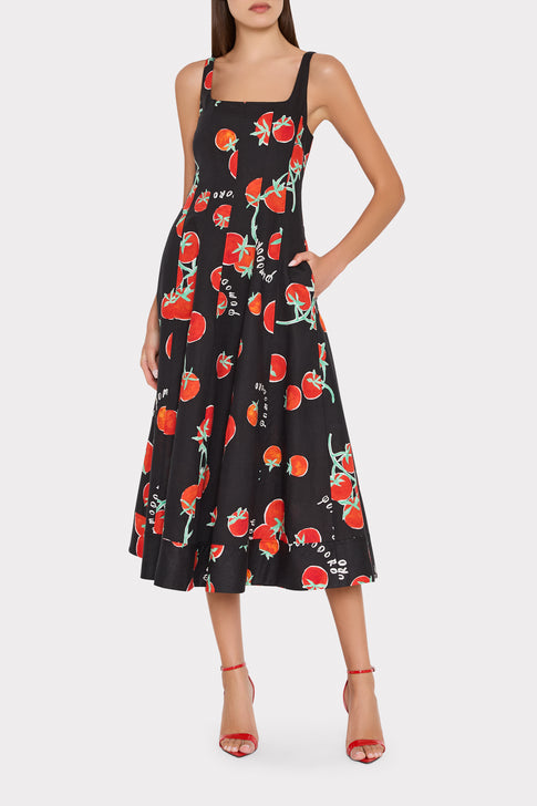 Milly Nia Pomodoro Print Midi-Dress - Black RED