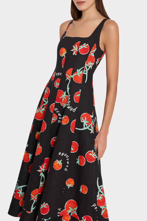 Nia Printed Midi Dress in Black/Red