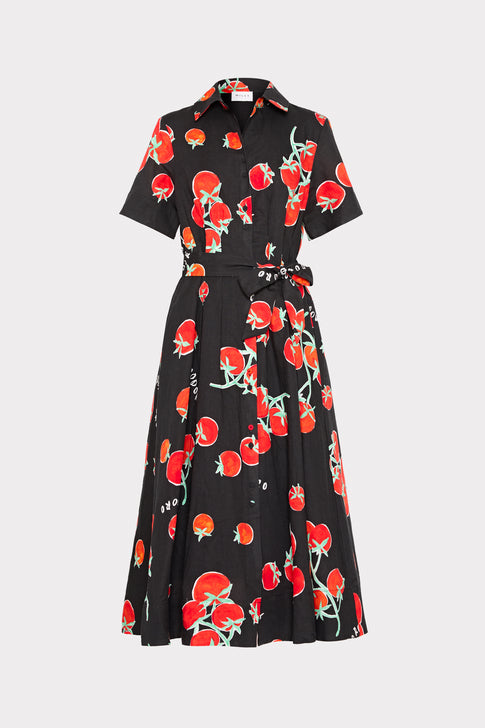 Black MILLY Lexi Printed Midi Dress with Red Tomato Pattern - Front View | MILLY