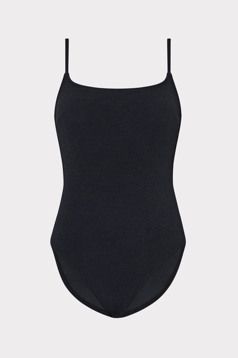 Black Textured Grace Solid One Piece with Thin Straps - Flat Lay | MILLY