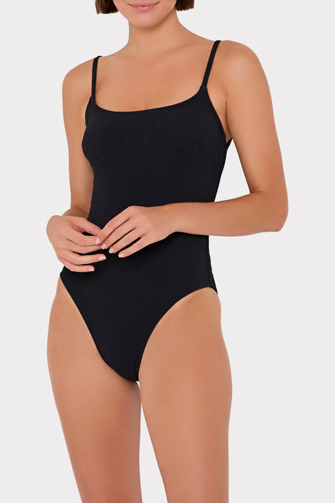 Black Grace Solid Textured Swimsuit - Side View on Model | MILLY