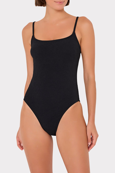 Black One-Piece Grace Solid Swimsuit - Front View on Model | MILLY