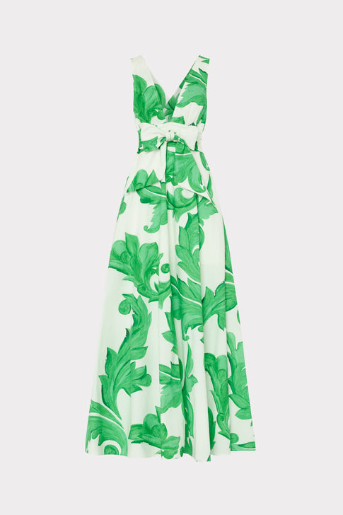 MILLY Catarina Green White Printed Poplin Maxi Dress with Back Ties - Front View | MILLY
