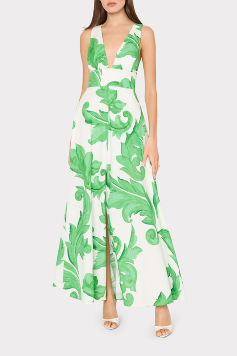 Model wearing MILLY Catarina green white floral maxi dress with front slit - Full Length | MILLY