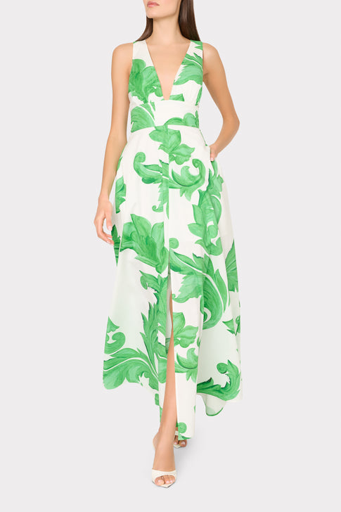 Model in MILLY Catarina green white floral dress with plunging neckline - Front Pose | MILLY