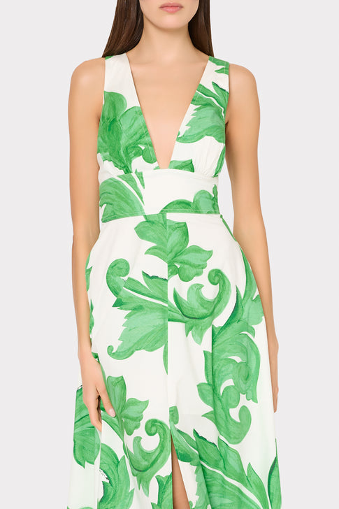 MILLY Catarina green white floral maxi dress on model - Close-Up Detail View | MILLY