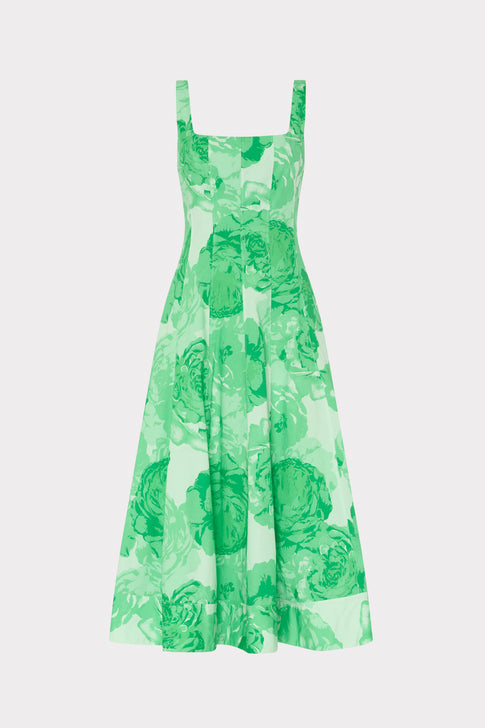 Green White Floral Nia Printed Poplin Dress - Flat Lay | MILLY