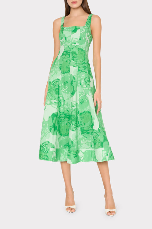 Green floral dress worn by model - Full Length View | MILLY