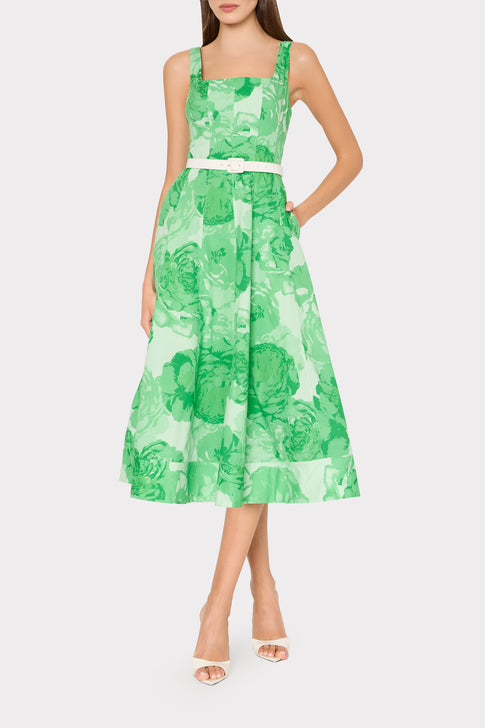 Nia Printed Poplin Dress in Green/White | MILLY
