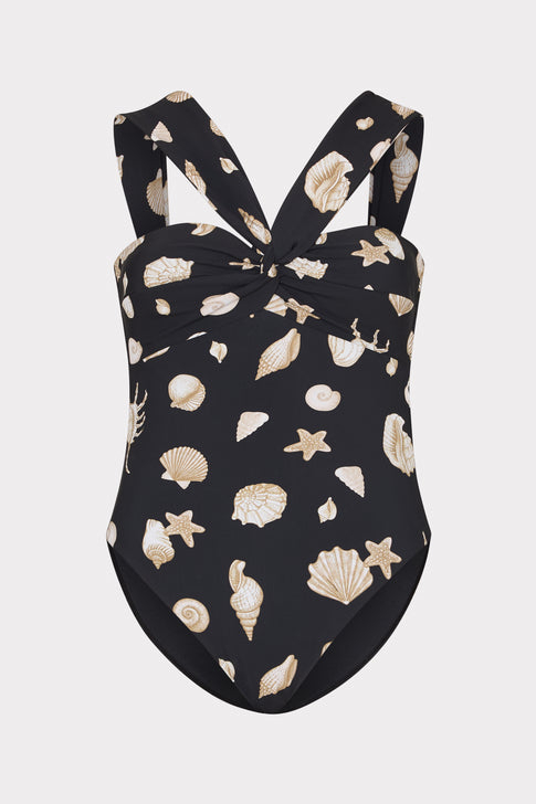 Black Betsy Seashell One Piece with Twist-Front Design - Flat Lay | MILLY
