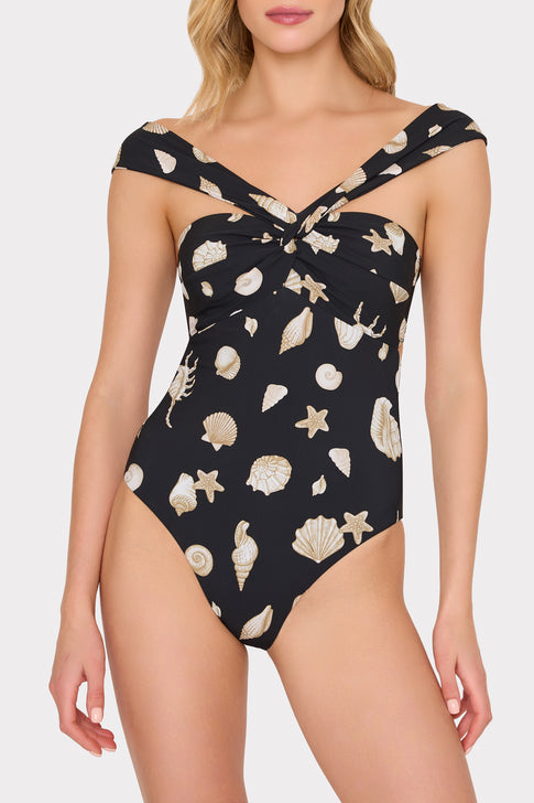 MILLY Betsy Seashell One Piece with Off-Shoulder Straps - Front Detail | MILLY